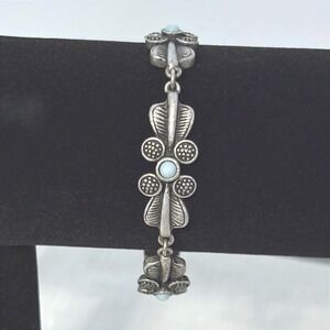 Vintage Silver Tone Floral Leaf Link Bracelet Blue Faux Turquoise Cabochon Art